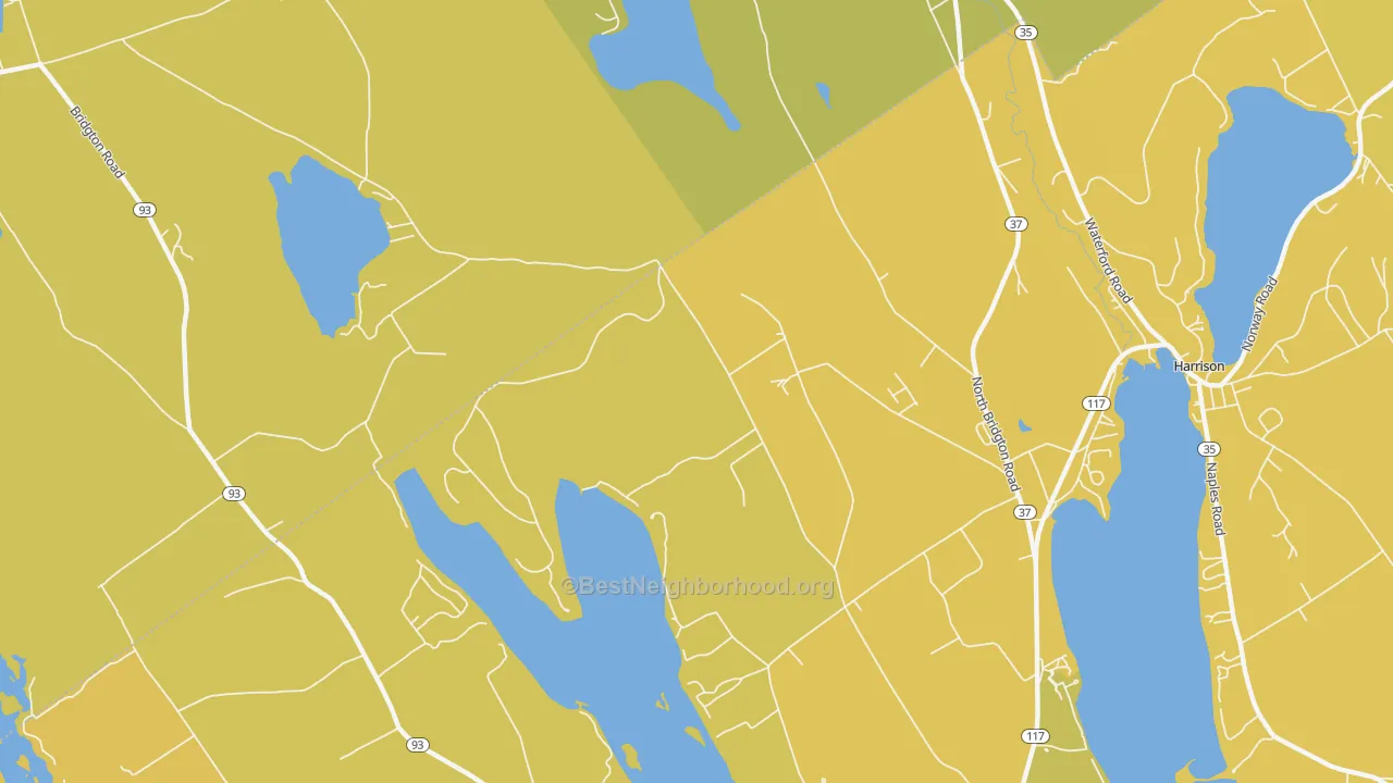 Map of the best neighborhoods in the North Bridgton area, with better matches in green and worse matches in red