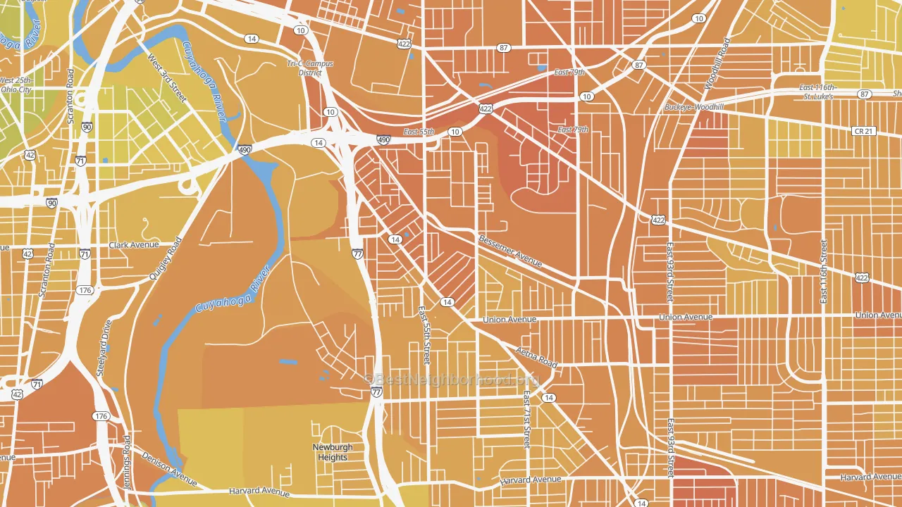 Map of the best neighborhoods in the North Broadway, Cleveland area, with better matches in green and worse matches in red