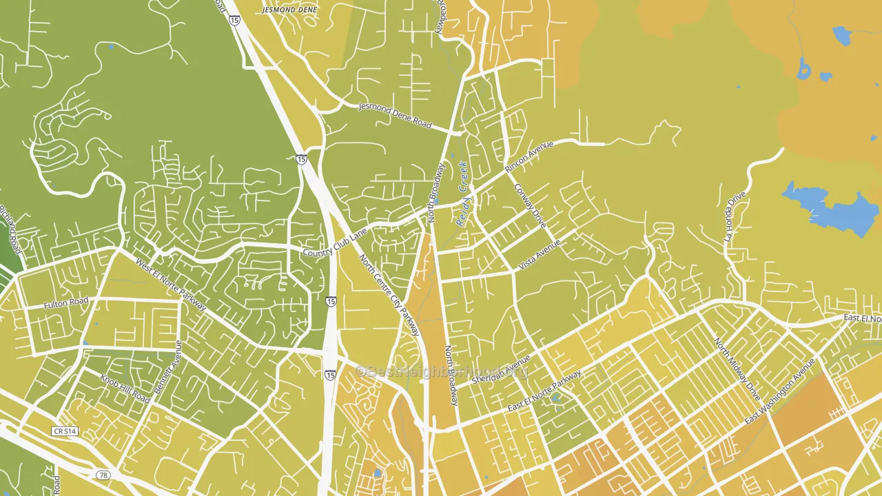 Map of the best neighborhoods in the North Broadway, Escondido area, with better matches in green and worse matches in red
