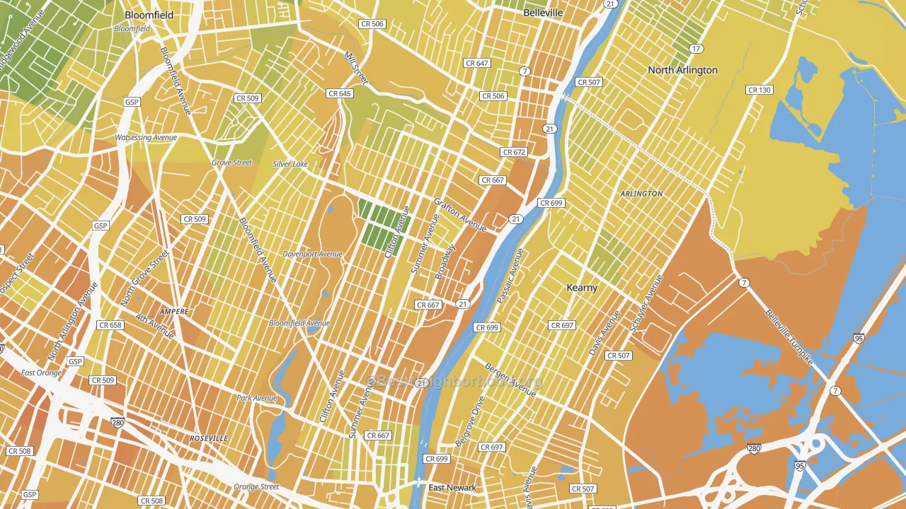 Map of the best neighborhoods in the North Broadway, Newark area, with better matches in green and worse matches in red