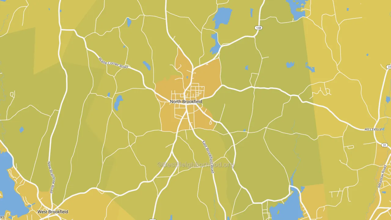 Map of the best neighborhoods in the North Brookfield area, with better matches in green and worse matches in red