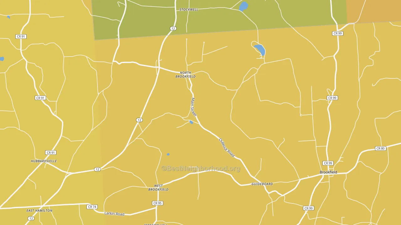 Map of the best neighborhoods in the North Brookfield area, with better matches in green and worse matches in red