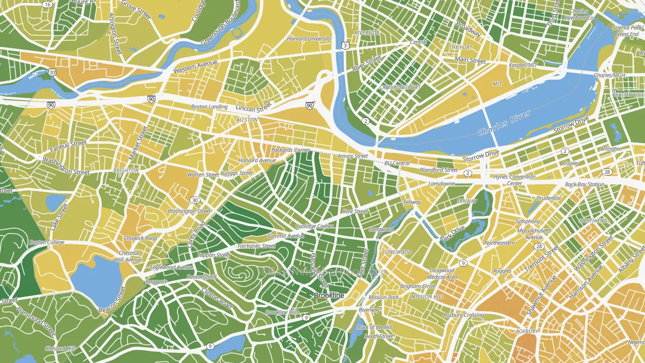 Map of the best neighborhoods in the North Brookline, Brookline area, with better matches in green and worse matches in red