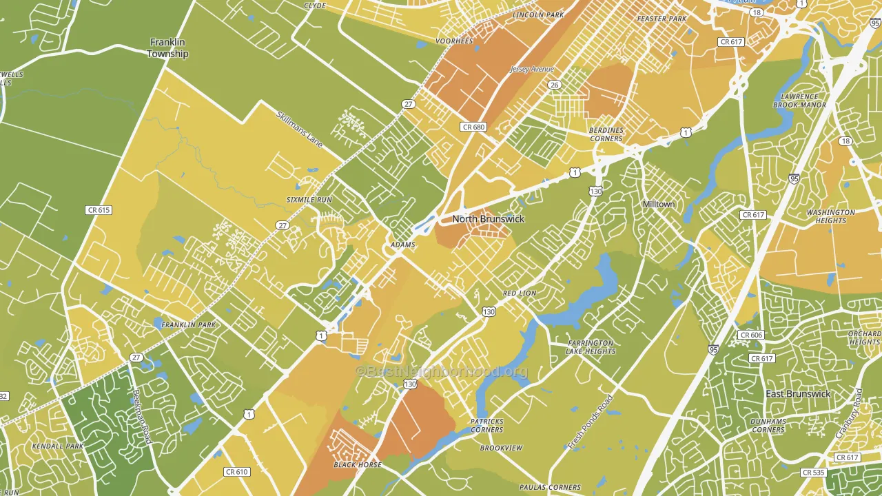 Map of the best neighborhoods in the North Brunswick area, with better matches in green and worse matches in red