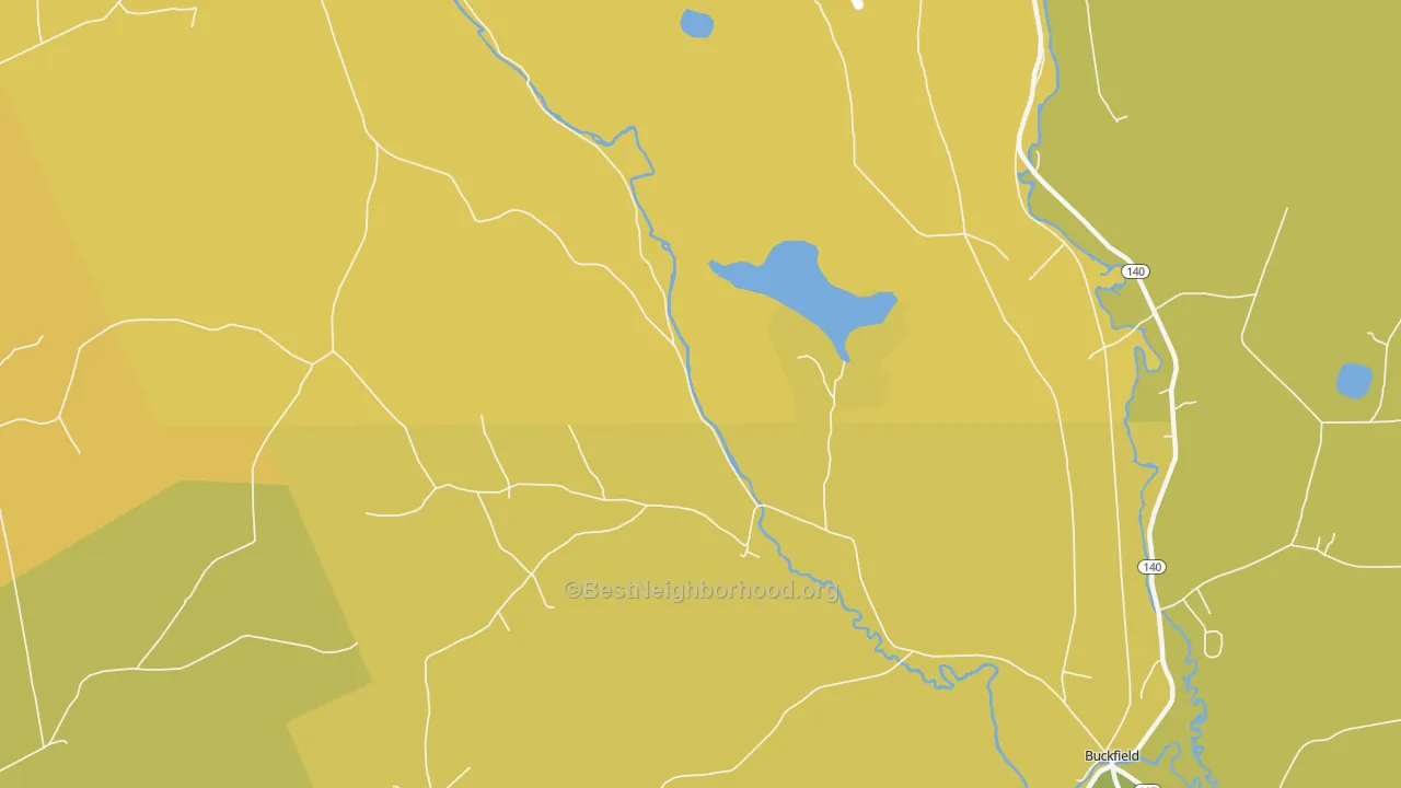 Map of the best neighborhoods in the North Buckfield area, with better matches in green and worse matches in red