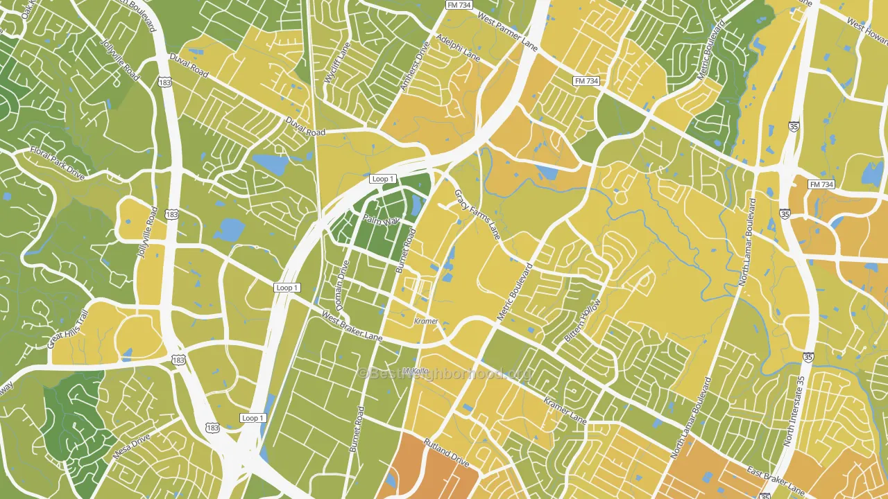 Map of the best neighborhoods in the North Burnet, Austin area, with better matches in green and worse matches in red