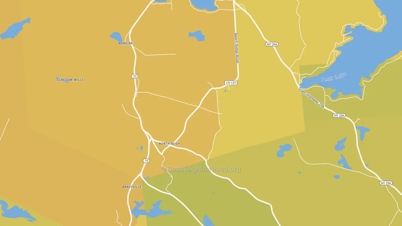 Map of the best neighborhoods in the North Bush area, with better matches in green and worse matches in red