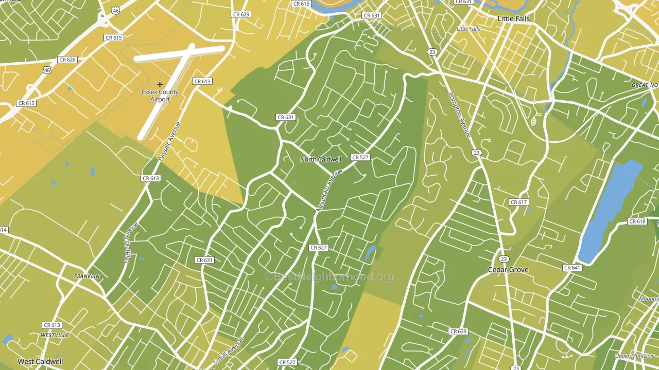 Map of the best neighborhoods in the North Caldwell area, with better matches in green and worse matches in red