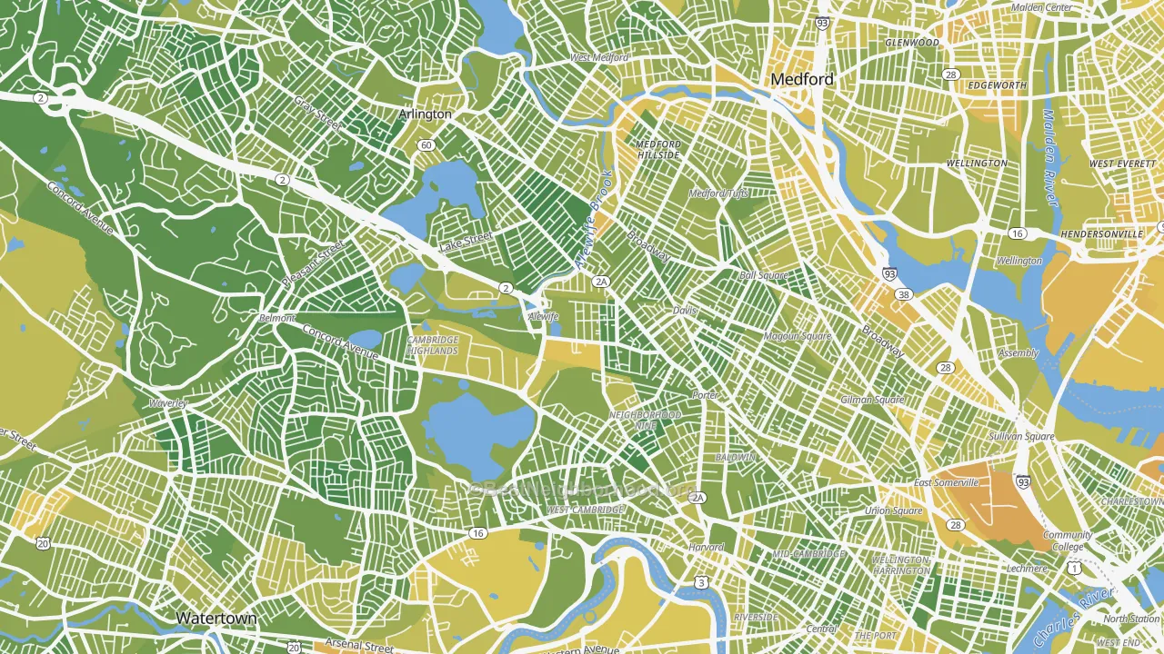 Map of the best neighborhoods in the North Cambridge, Cambridge area, with better matches in green and worse matches in red