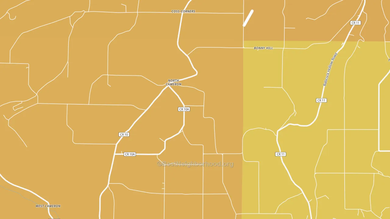 Map of the best neighborhoods in the North Cameron area, with better matches in green and worse matches in red