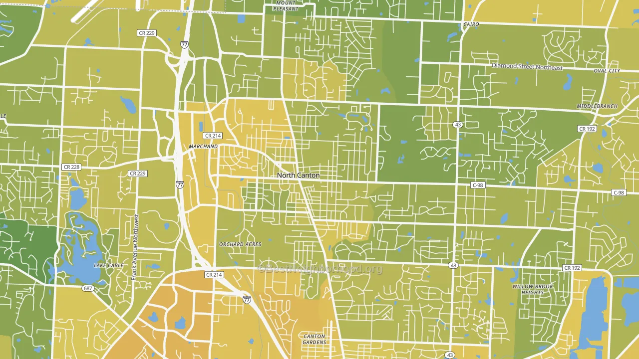 Map of the best neighborhoods in the North Canton area, with better matches in green and worse matches in red
