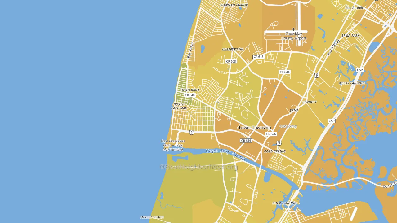 Map of the best neighborhoods in the North Cape May area, with better matches in green and worse matches in red