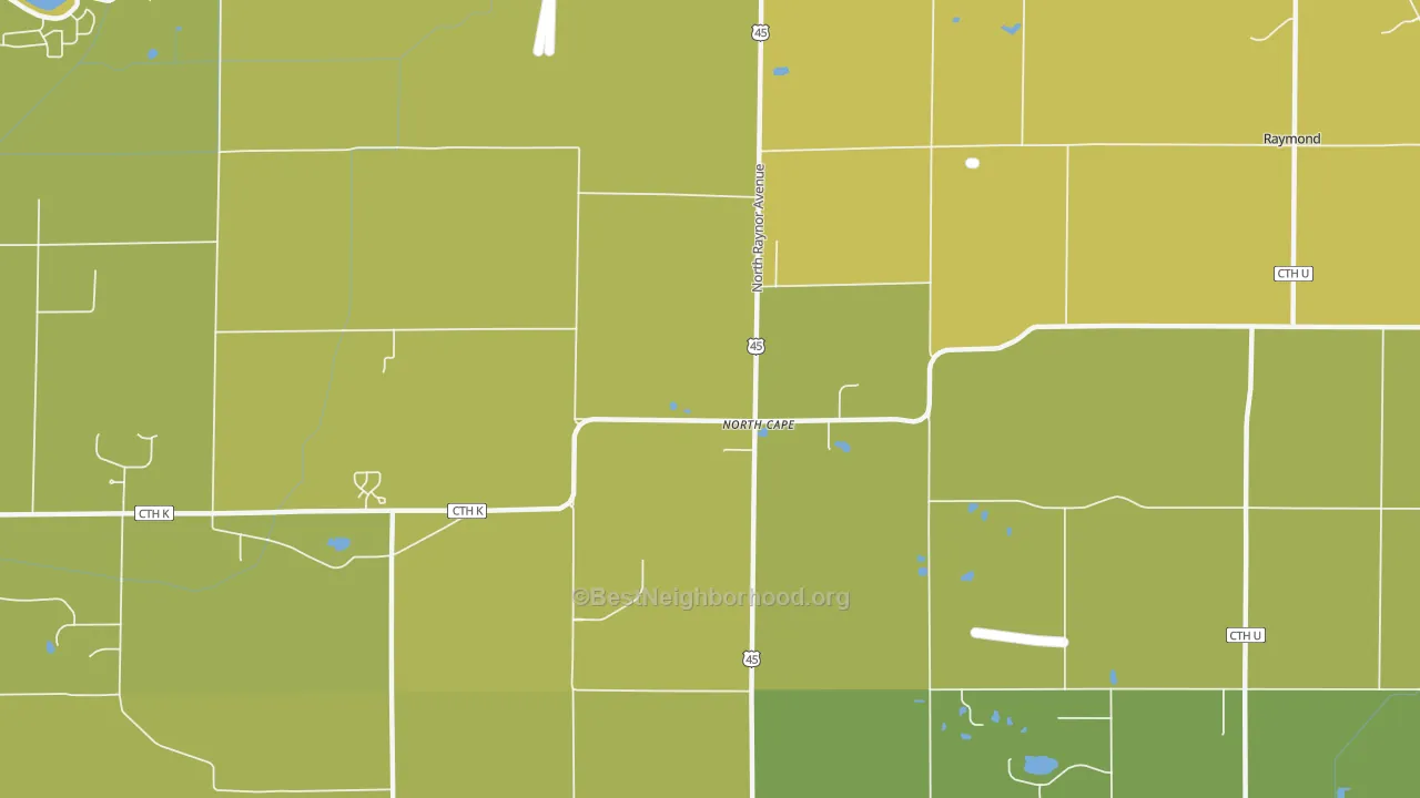 Map of the best neighborhoods in the North Cape area, with better matches in green and worse matches in red
