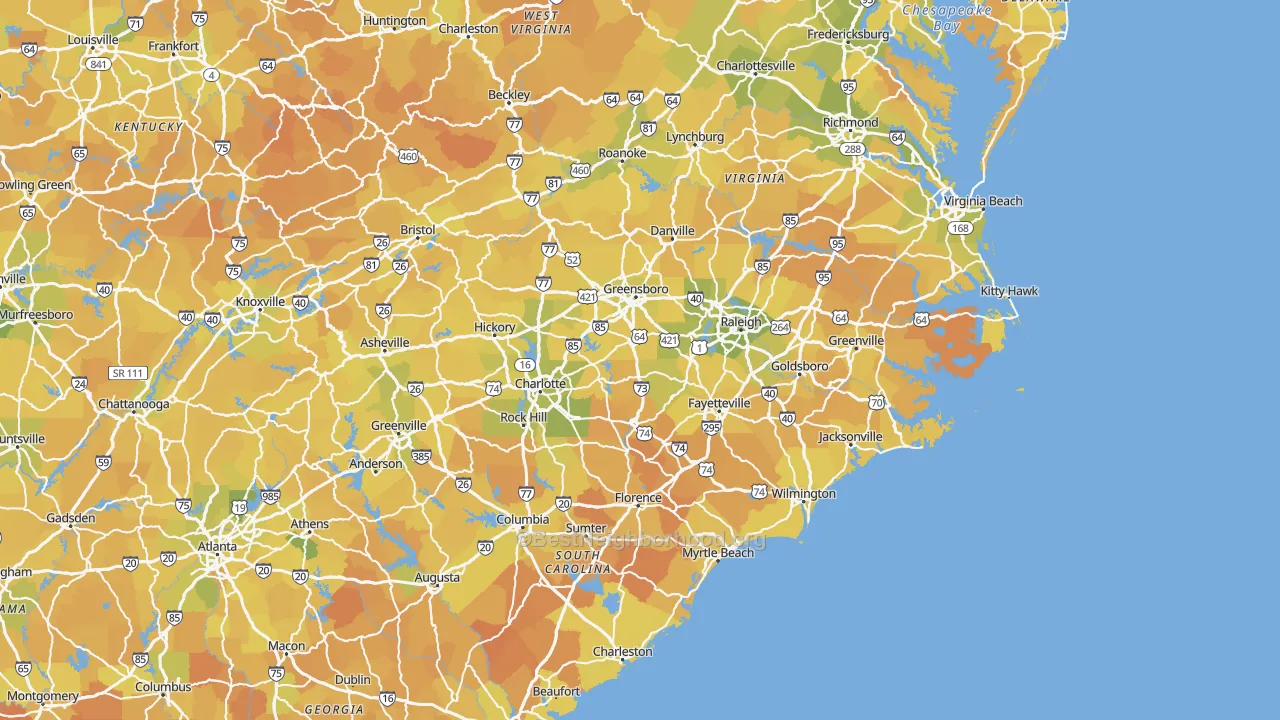 Map of the best neighborhoods in the North Carolina area, with better matches in green and worse matches in red