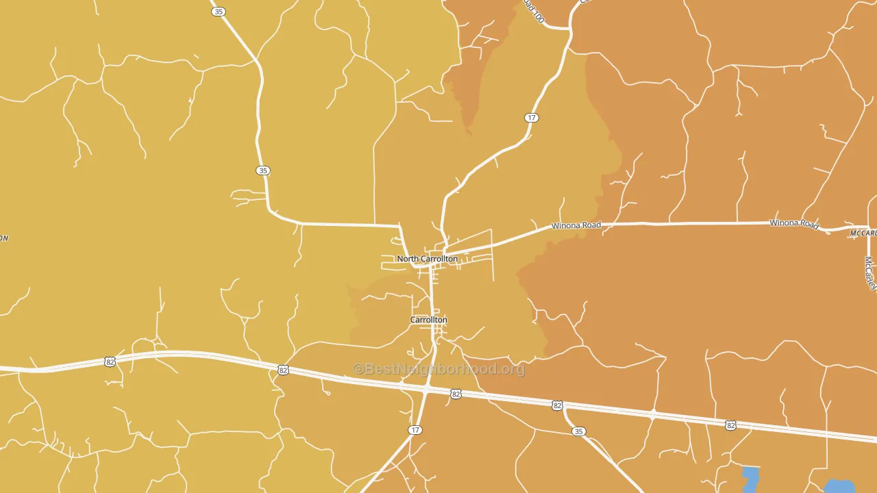 Map of the best neighborhoods in the North Carrollton area, with better matches in green and worse matches in red