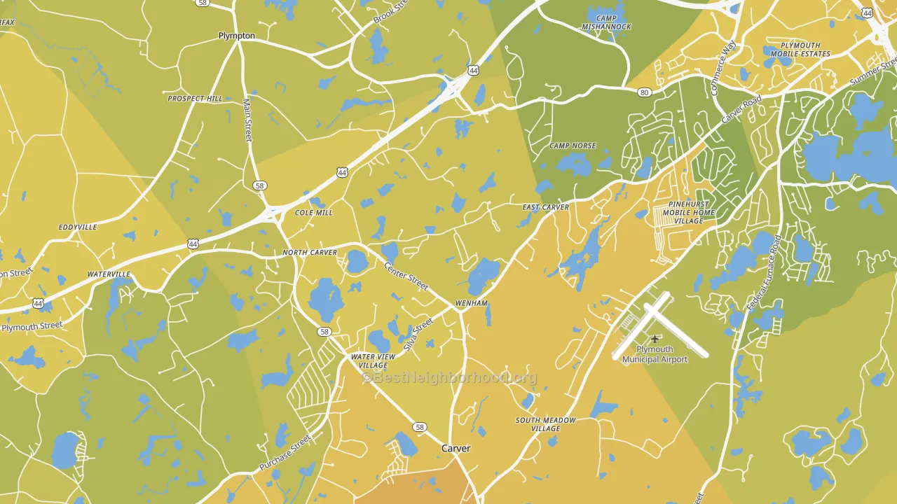 Map of the best neighborhoods in the North Carver area, with better matches in green and worse matches in red