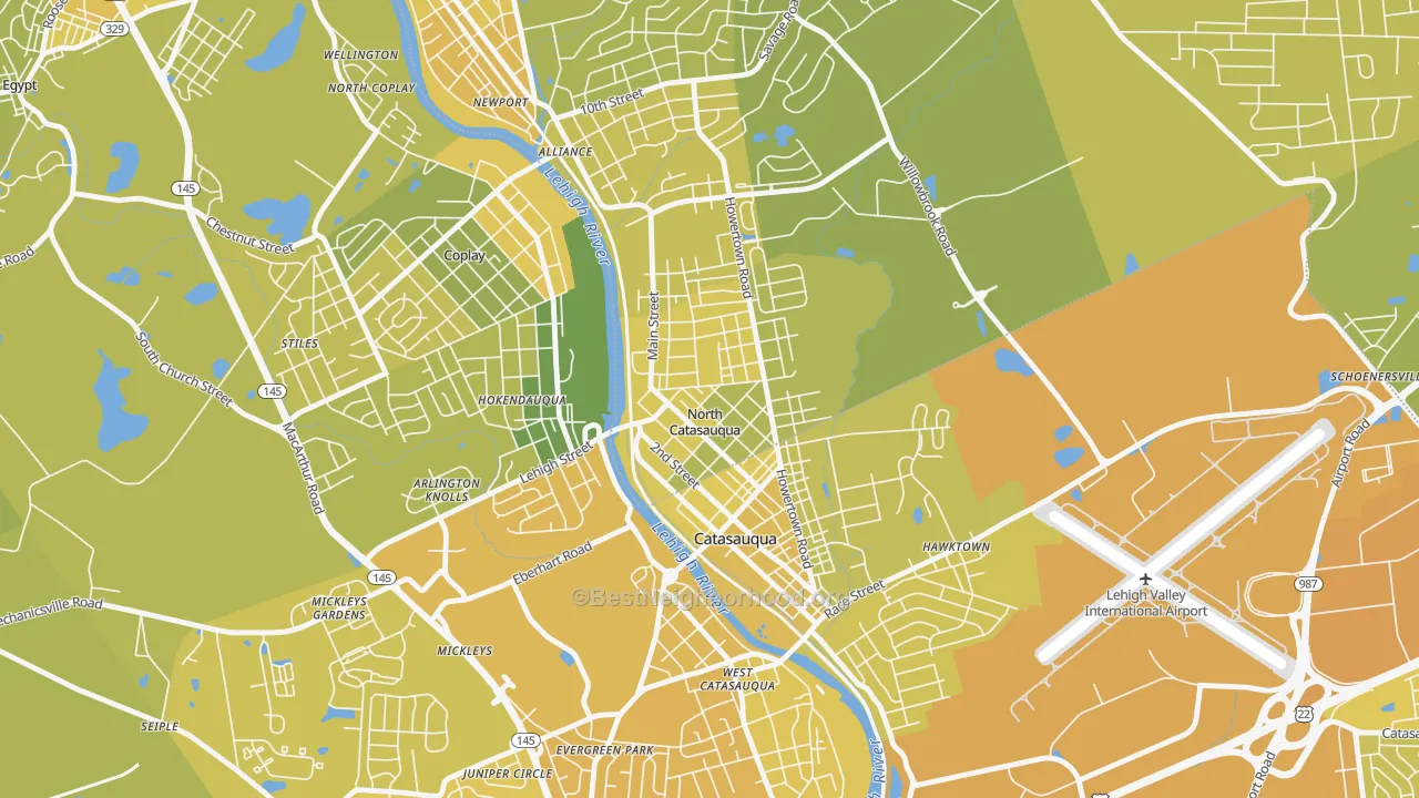Map of the best neighborhoods in the North Catasauqua area, with better matches in green and worse matches in red