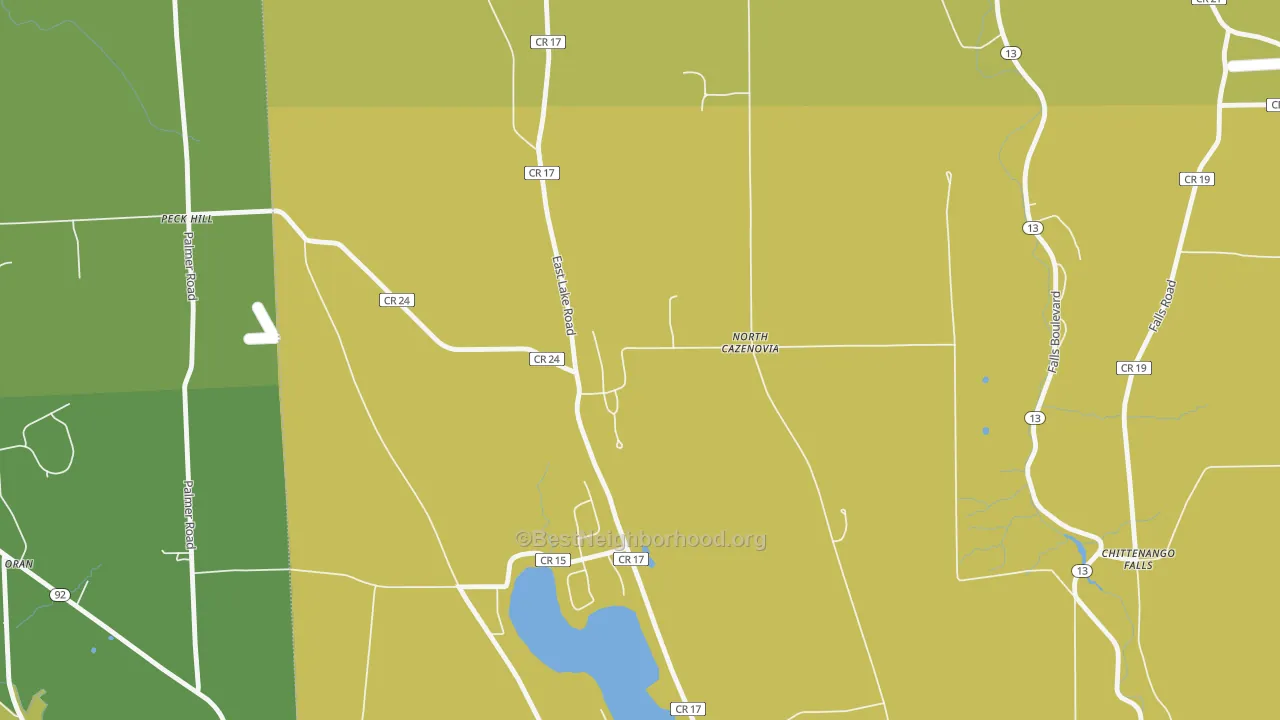 Map of the best neighborhoods in the North Cazenovia area, with better matches in green and worse matches in red