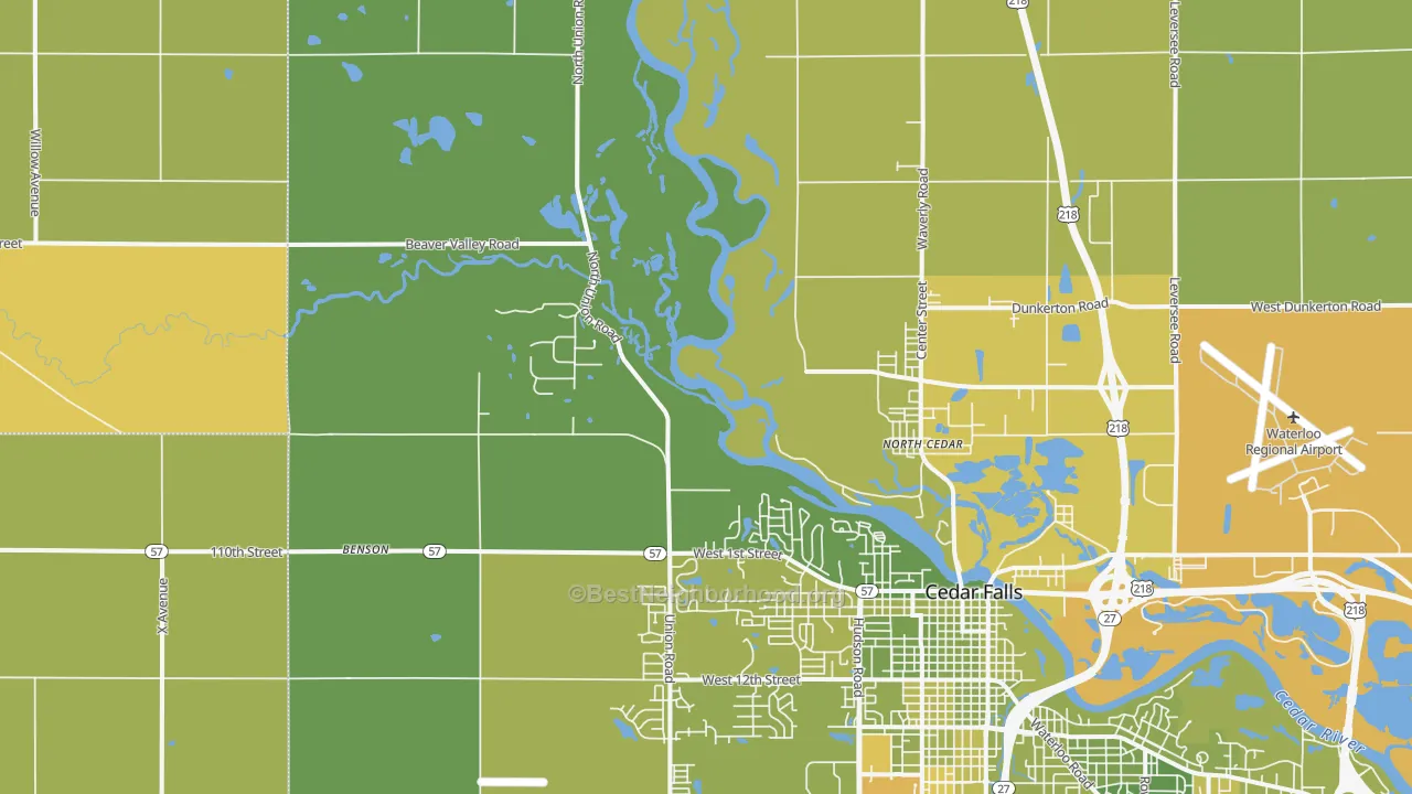 Map of the best neighborhoods in the North Cedar area, with better matches in green and worse matches in red