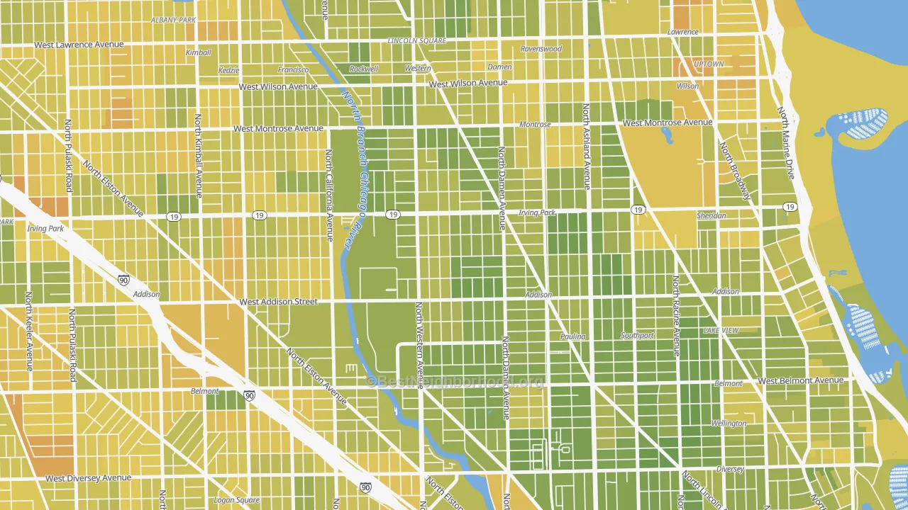 Map of the best neighborhoods in the North Center, Chicago area, with better matches in green and worse matches in red