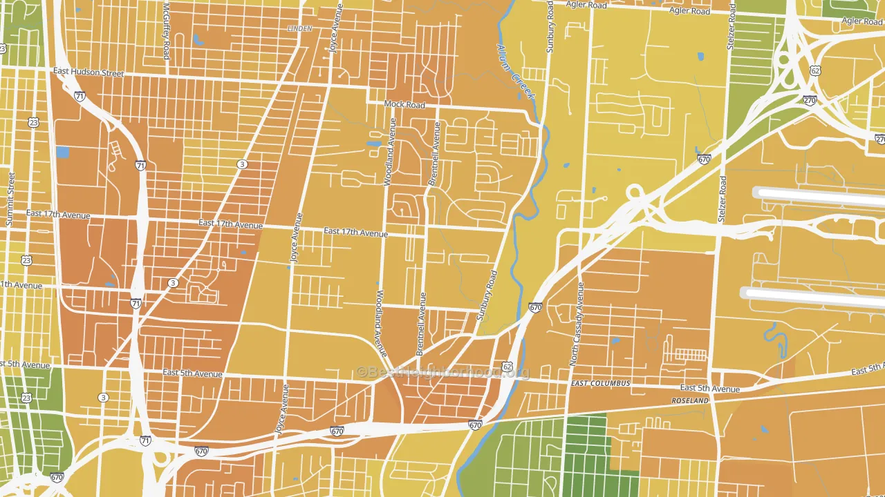 Map of the best neighborhoods in the North Central, Columbus area, with better matches in green and worse matches in red