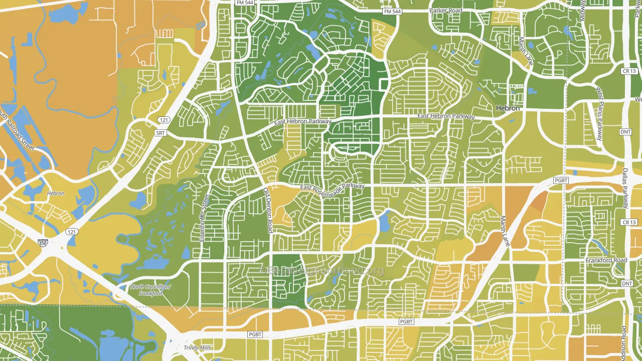 Map of the best neighborhoods in the North Central Dallas, Carrollton area, with better matches in green and worse matches in red