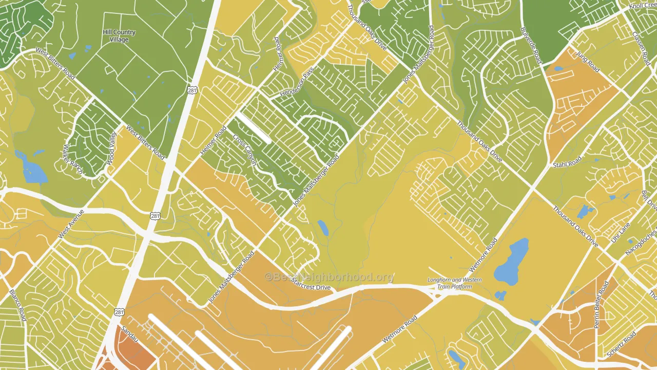 Map of the best neighborhoods in the North Central Heritage, San Antonio area, with better matches in green and worse matches in red