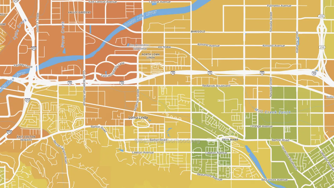 Map of the best neighborhoods in the North Central Loma Linda, Loma Linda area, with better matches in green and worse matches in red