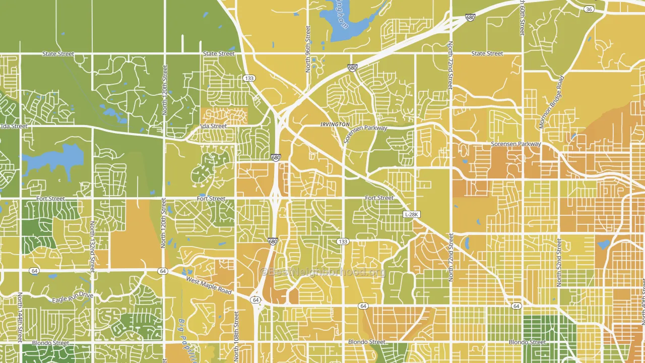 Map of the best neighborhoods in the North Central Omaha, Omaha area, with better matches in green and worse matches in red