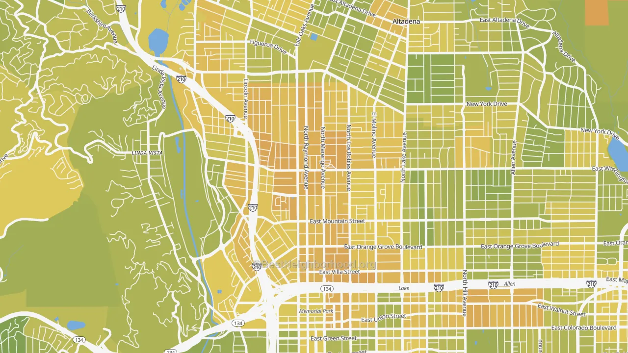 Map of the best neighborhoods in the North Central, Pasadena area, with better matches in green and worse matches in red