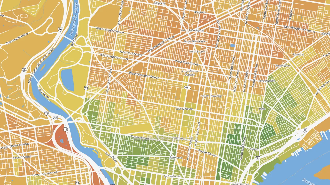 Map of the best neighborhoods in the North Central, Philadelphia area, with better matches in green and worse matches in red