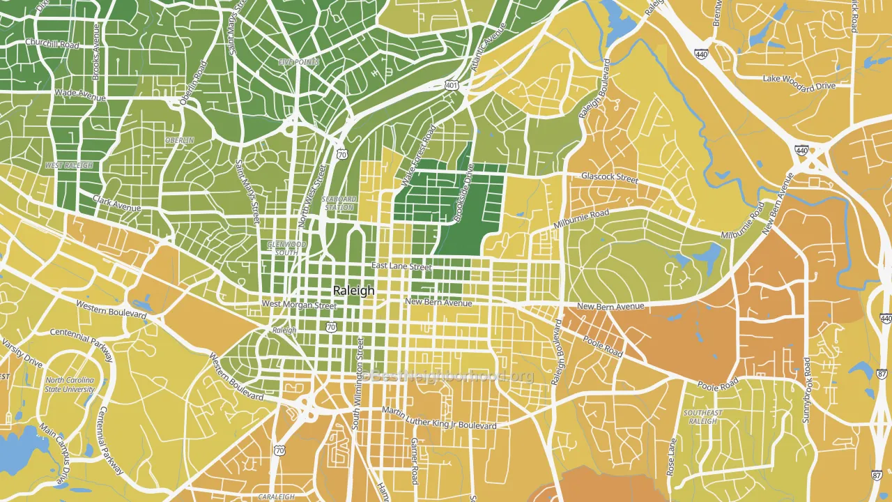 Map of the best neighborhoods in the North Central, Raleigh area, with better matches in green and worse matches in red