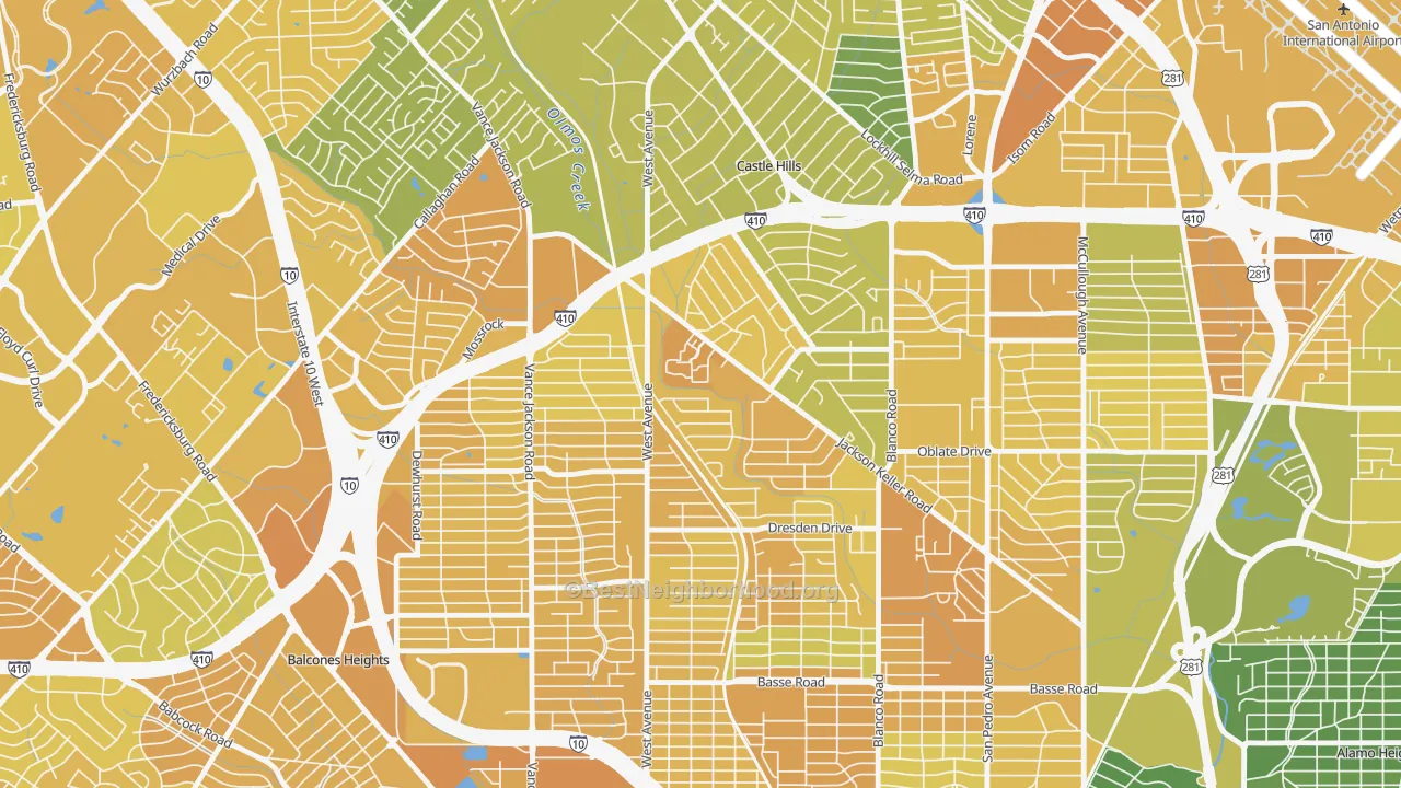 Map of the best neighborhoods in the North Central, San Antonio area, with better matches in green and worse matches in red
