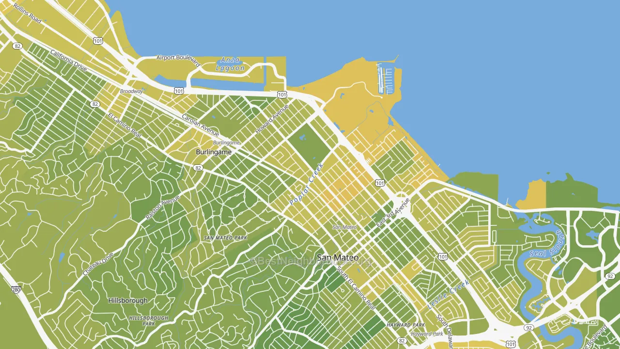 Map of the best neighborhoods in the North Central San Francisco, San Mateo area, with better matches in green and worse matches in red