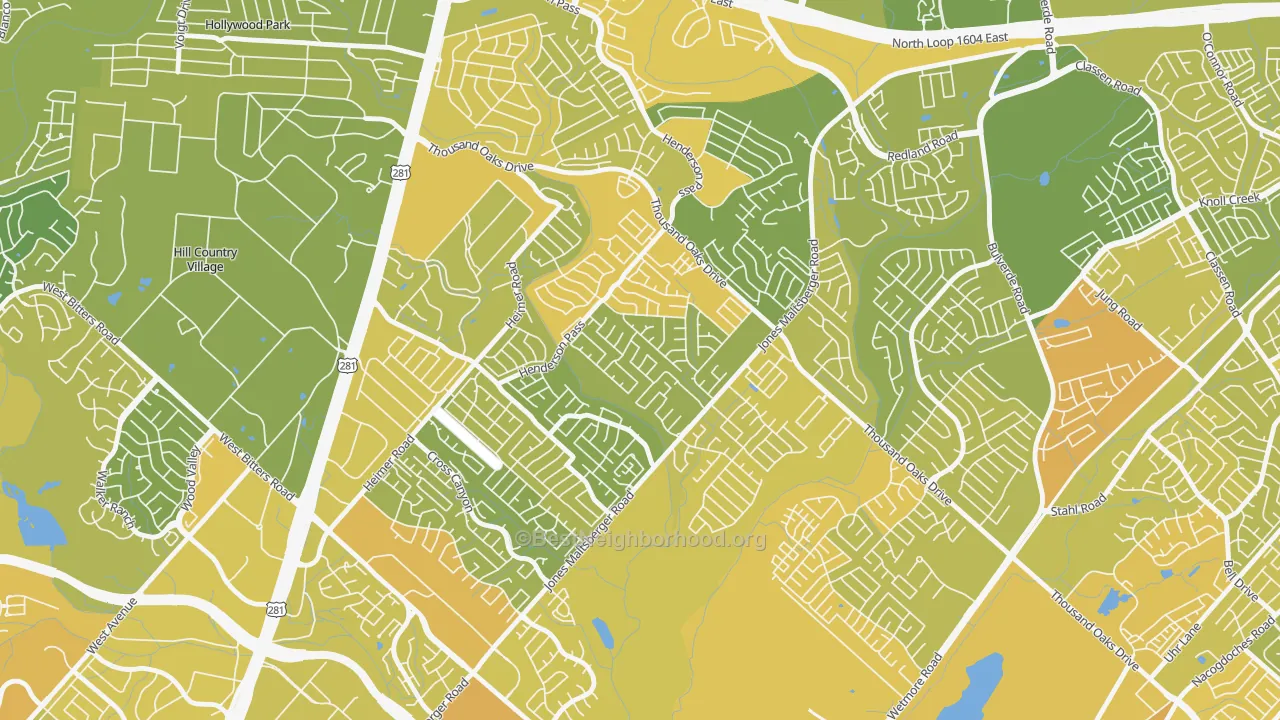Map of the best neighborhoods in the North Central Thousand Oaks, San Antonio area, with better matches in green and worse matches in red