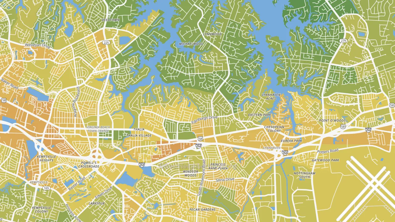 Map of the best neighborhoods in the North Central, Virginia Beach area, with better matches in green and worse matches in red