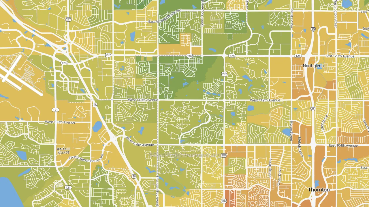 Map of the best neighborhoods in the North Central Westminster, Westminster area, with better matches in green and worse matches in red