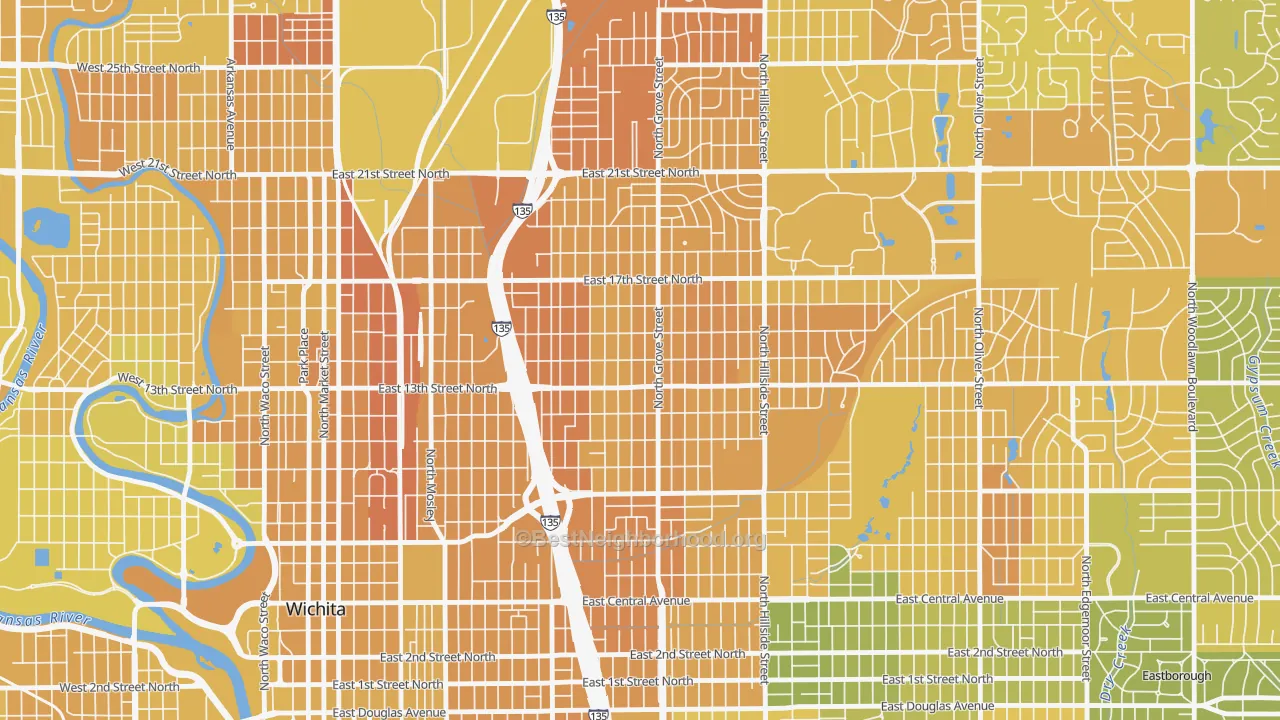 Map of the best neighborhoods in the North Central, Wichita area, with better matches in green and worse matches in red