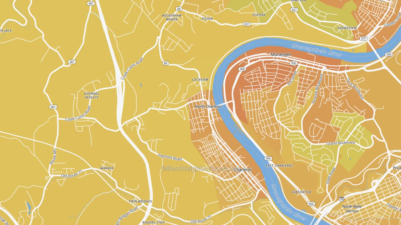 Map of the best neighborhoods in the North Charleroi area, with better matches in green and worse matches in red