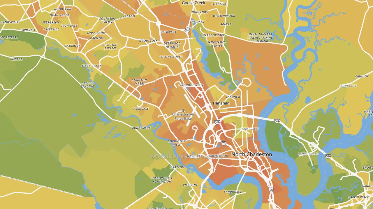 Map of the best neighborhoods in the North Charleston area, with better matches in green and worse matches in red