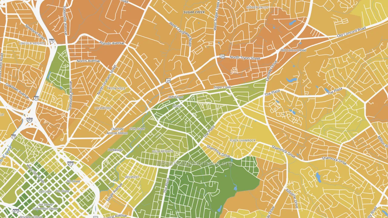 Map of the best neighborhoods in the North Charlotte, Charlotte area, with better matches in green and worse matches in red