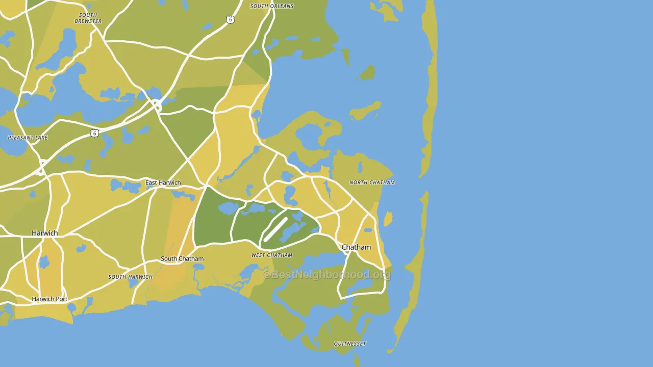 Map of the best neighborhoods in the North Chatham area, with better matches in green and worse matches in red