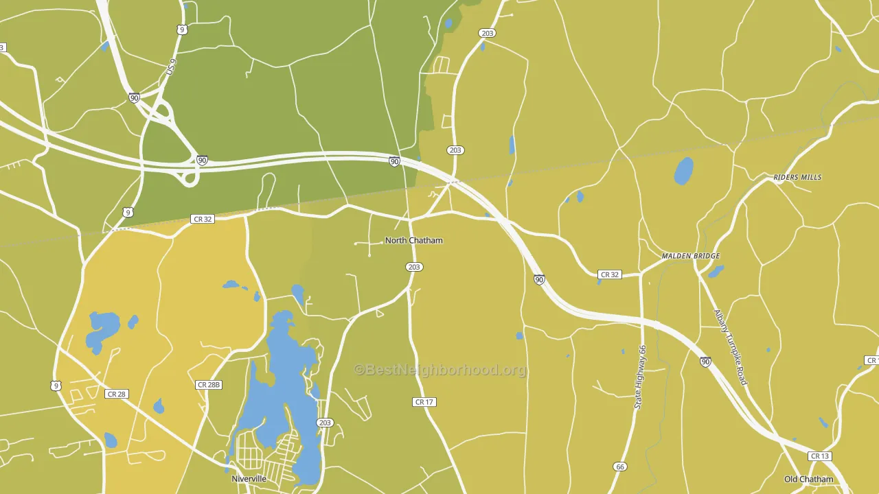 Map of the best neighborhoods in the North Chatham area, with better matches in green and worse matches in red