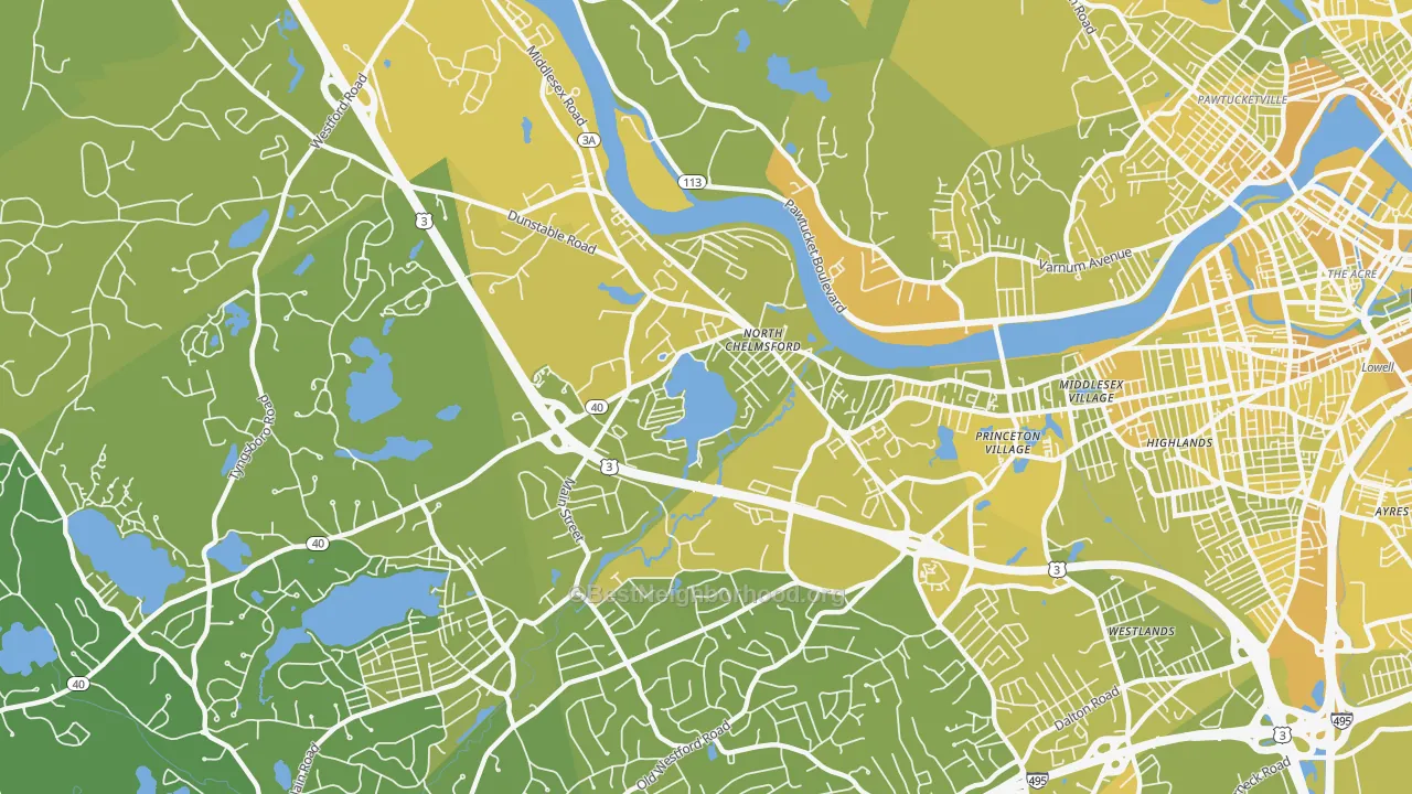 Map of the best neighborhoods in the North Chelmsford area, with better matches in green and worse matches in red
