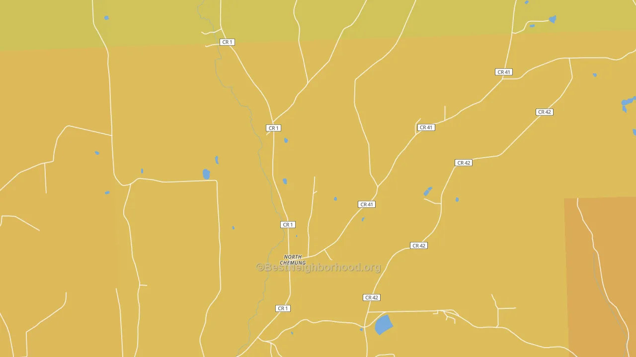 Map of the best neighborhoods in the North Chemung area, with better matches in green and worse matches in red