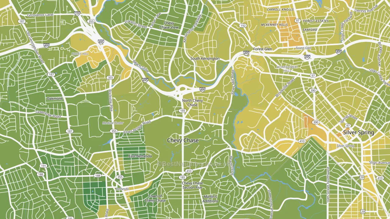 Map of the best neighborhoods in the North Chevy Chase area, with better matches in green and worse matches in red