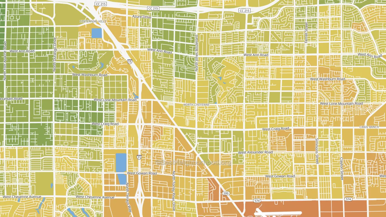 Map of the best neighborhoods in the North Cheyenne, Las Vegas area, with better matches in green and worse matches in red