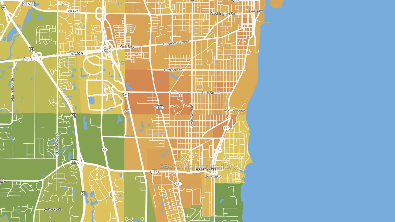 Map of the best neighborhoods in the North Chicago area, with better matches in green and worse matches in red
