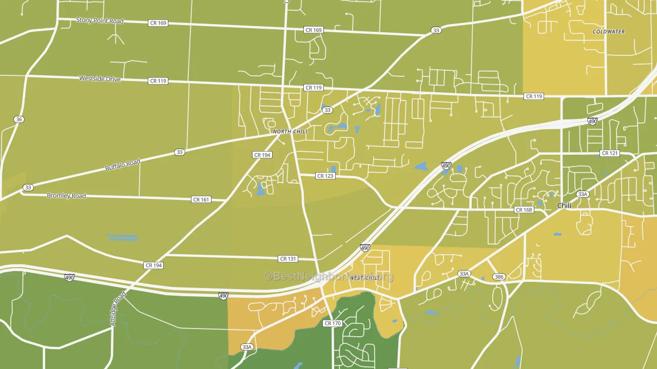 Map of the best neighborhoods in the North Chili area, with better matches in green and worse matches in red