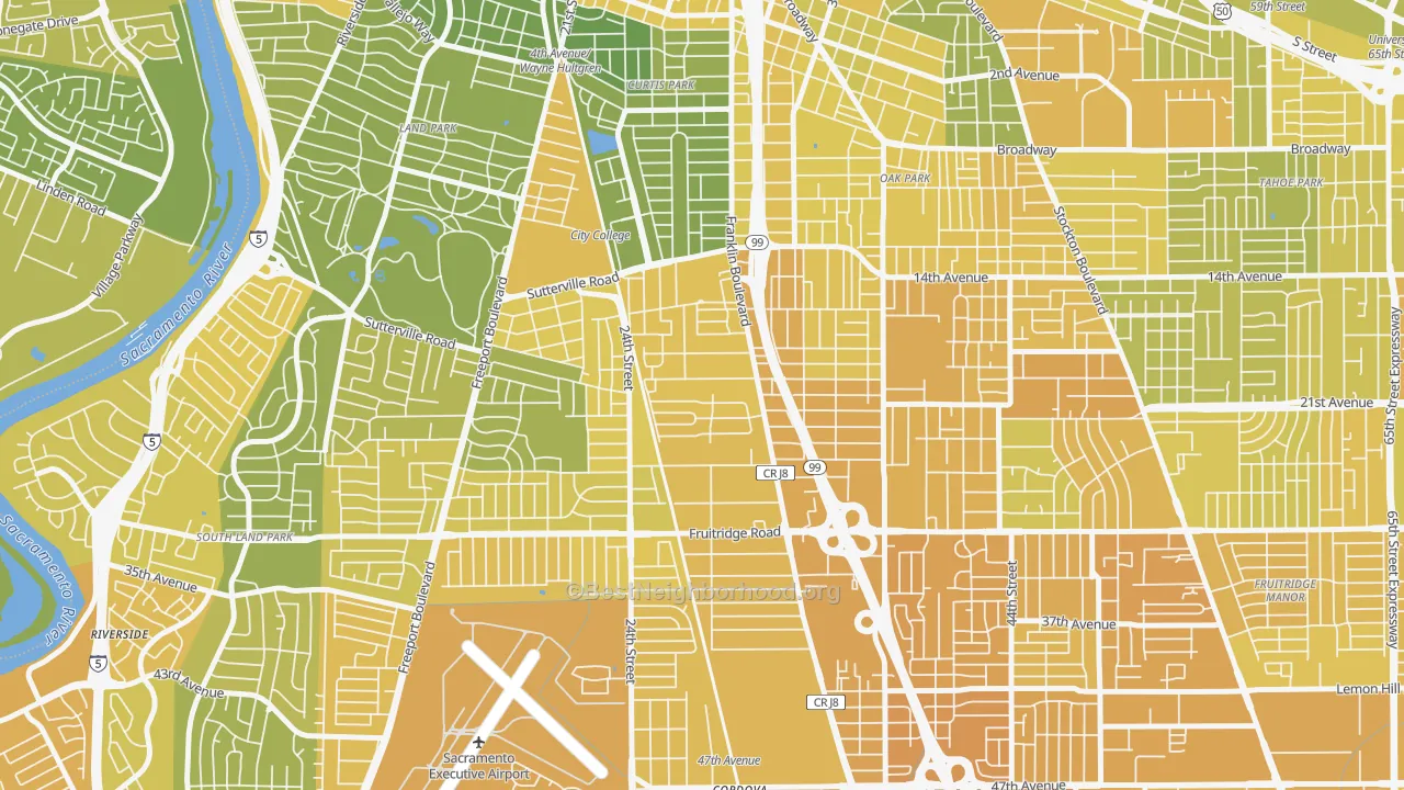 Map of the best neighborhoods in the North City Farms, Sacramento area, with better matches in green and worse matches in red
